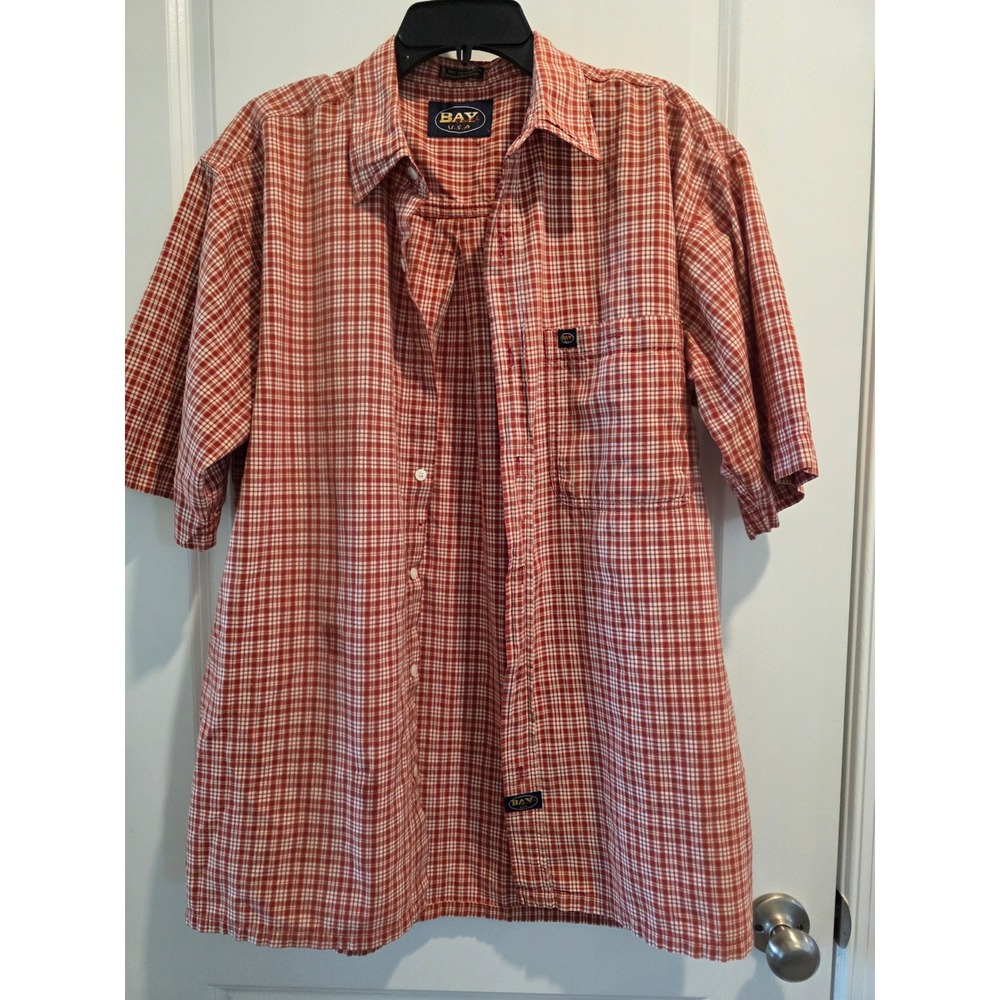 Mens sz L Made in USA Mens Orange Plaid Short Sleeve Button Up 100% Cotton Shirt